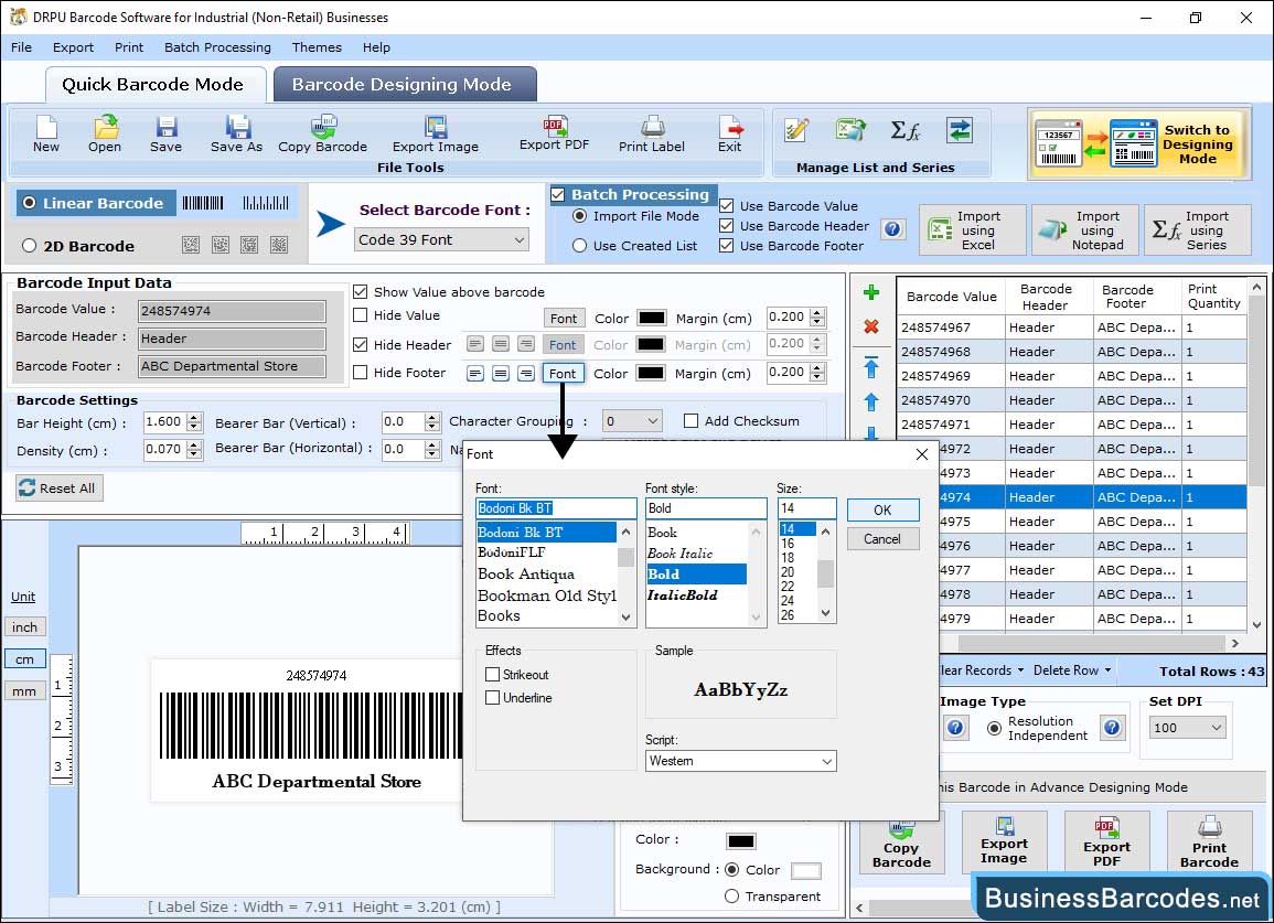 Select technology and type of barcode