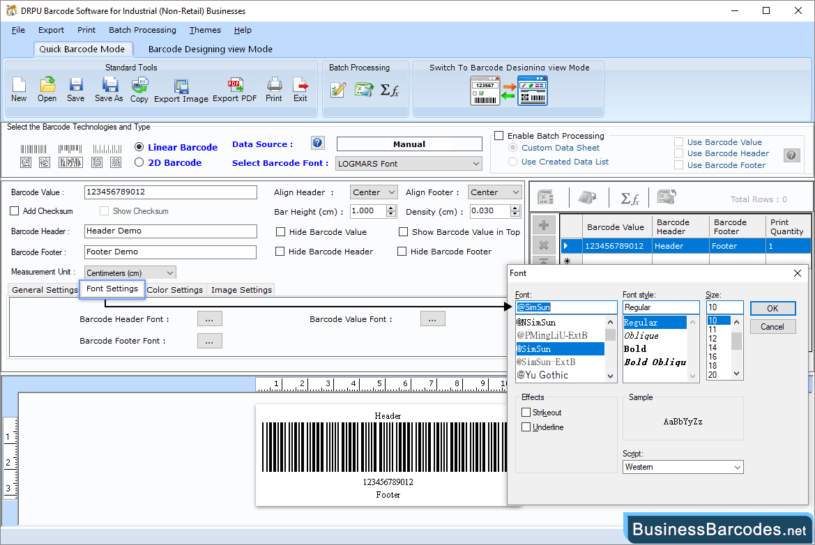 Select technology and type of barcode