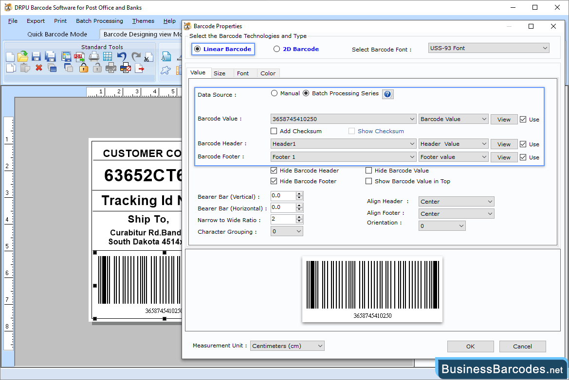 Change barcode value, size and font