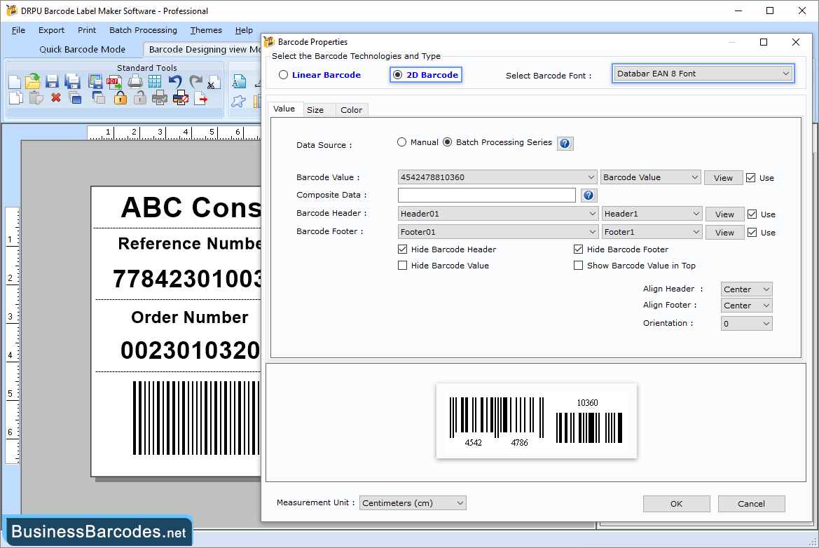 Change barcode value, size and font