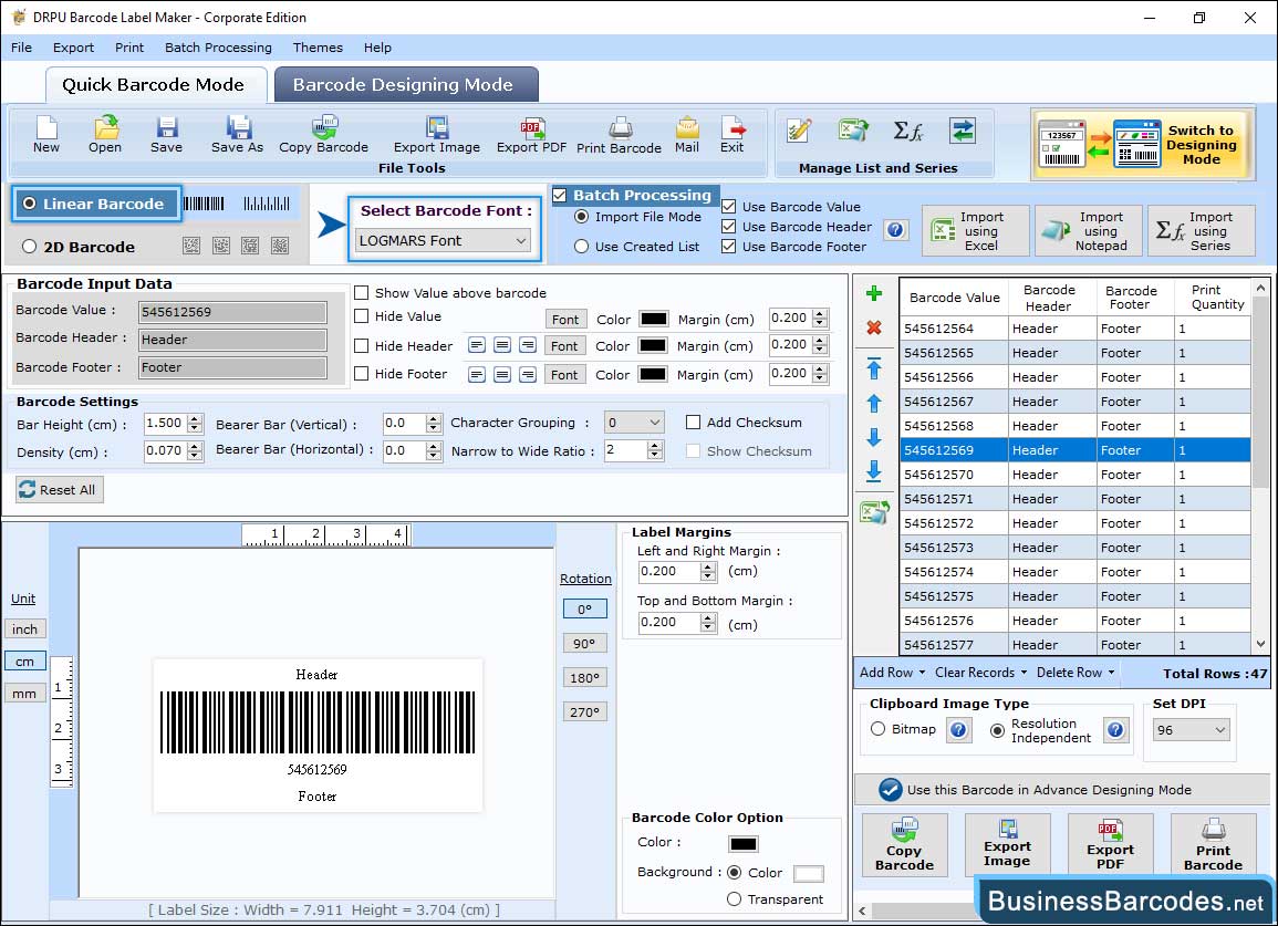 Select the Barcode technologies and type
