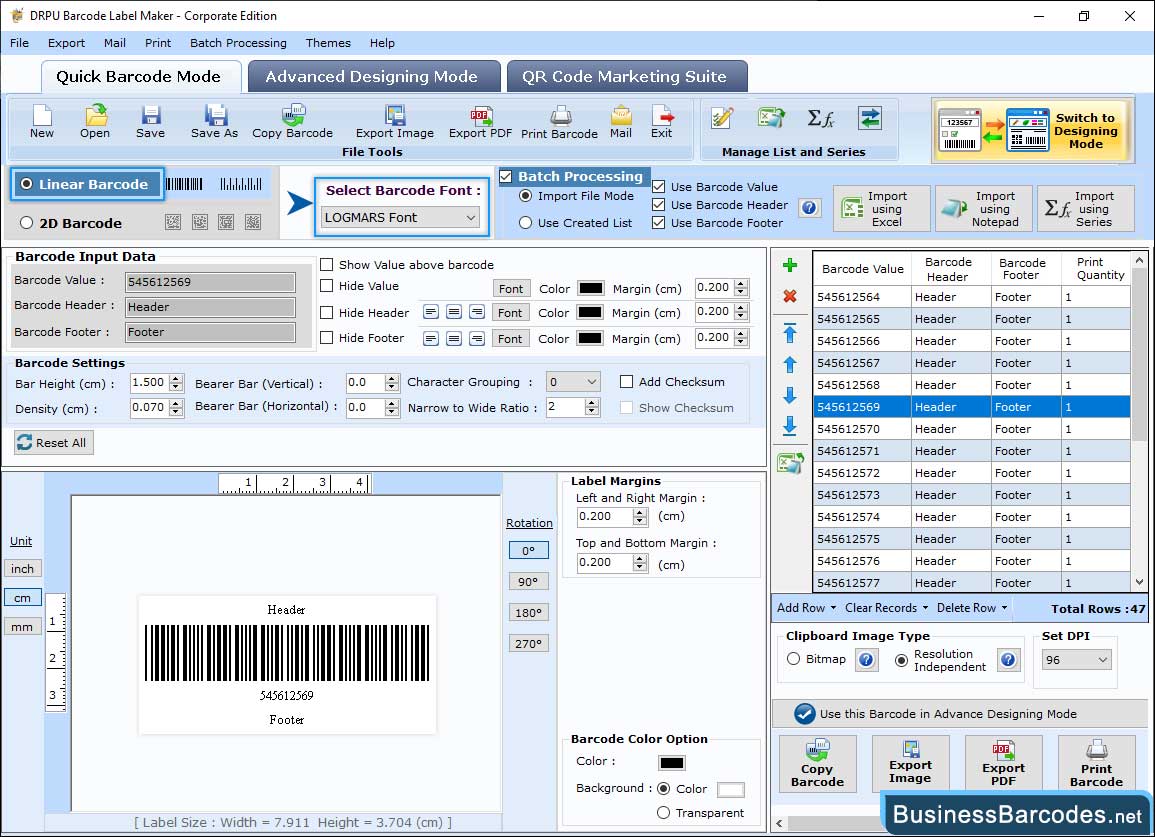 Select the Barcode technologies and type