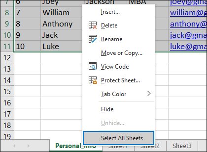 Select all Sheet