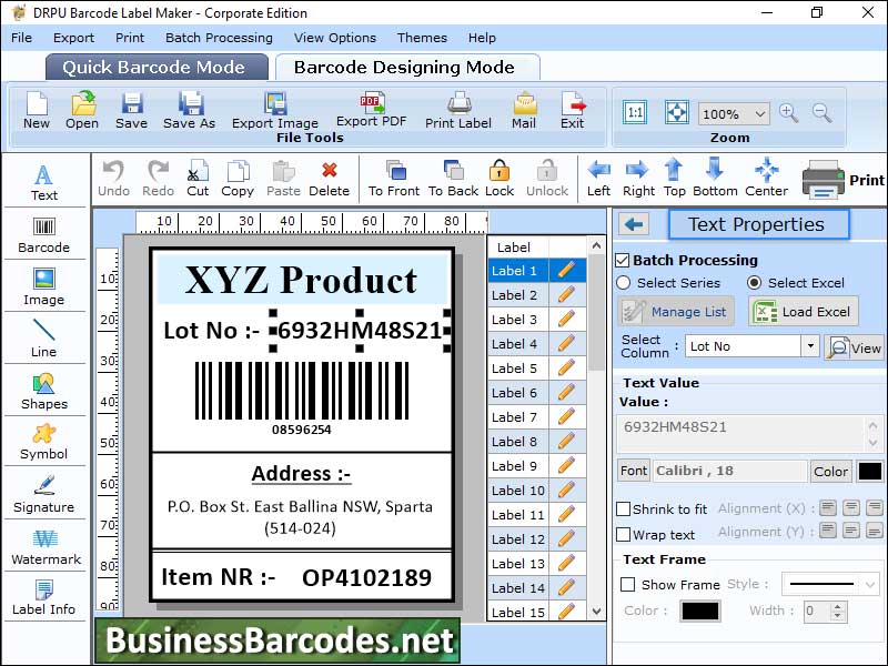 Screenshot of Industrial Barcode Designing Software