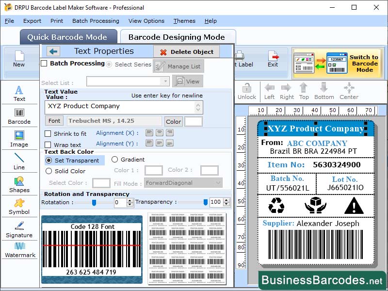 Screenshot of Generate Code 128 Barcode Application