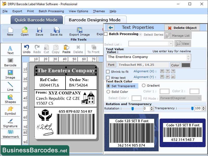 Screenshot of Printable Code 128 SET B Barcode