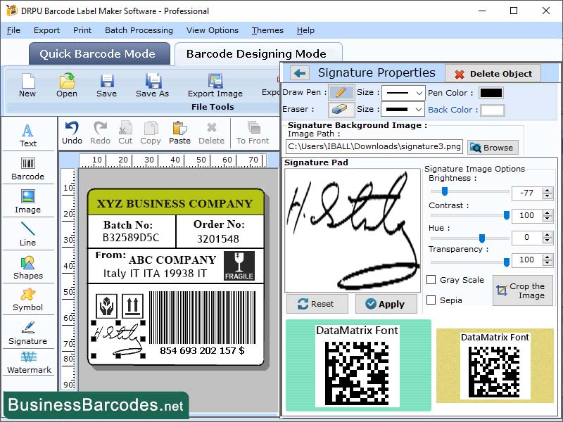 Screenshot of Printing Data Matrix Barcode Label App