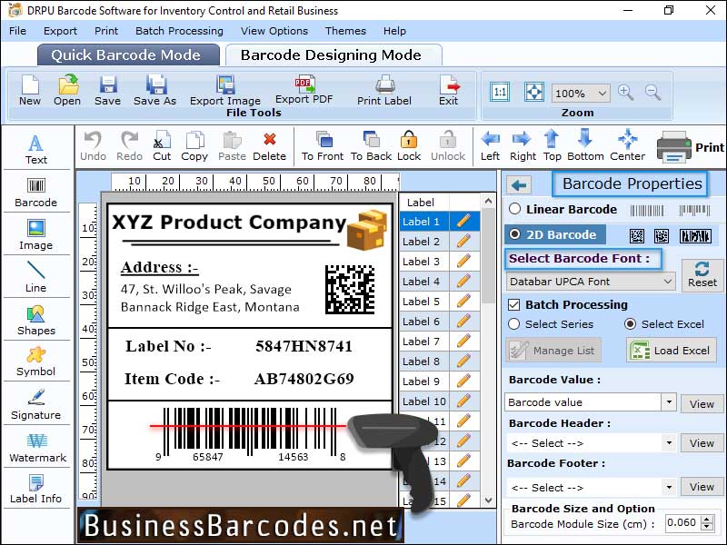 Screenshot of Asset Tracking Databar UPCA Barcode 13.5