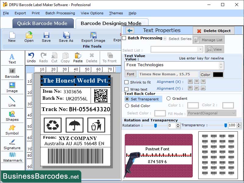 Screenshot of Download Postnet Barcode Maker Tool