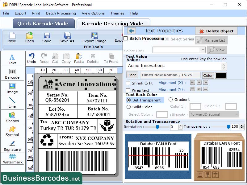 Screenshot of EAN8 Barcode Label Creating Software
