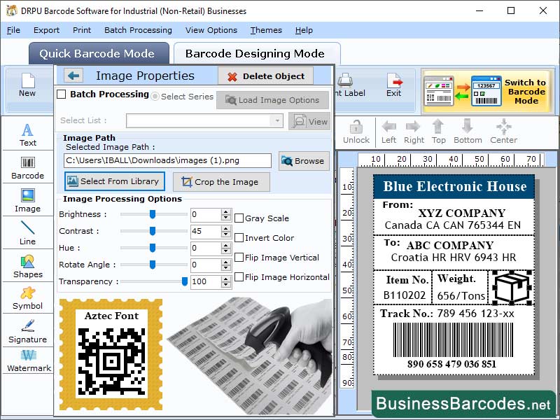 Screenshot of Aztec Data Matrix Barcode Labelling