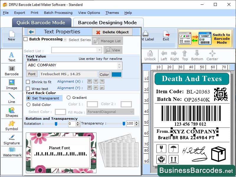 Screenshot of Planet Barcode Label Software