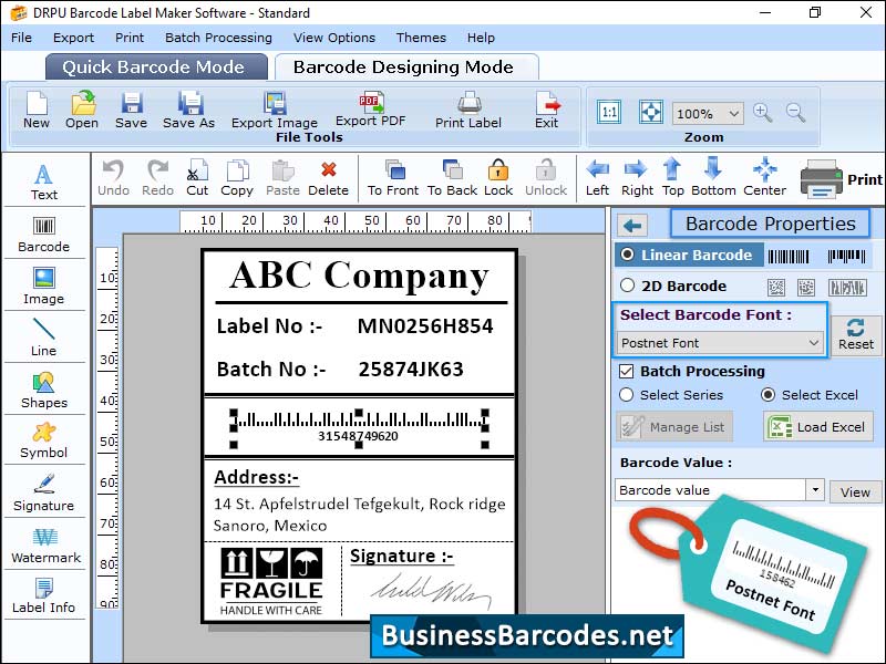 Screenshot of Postal Service Barcode Software