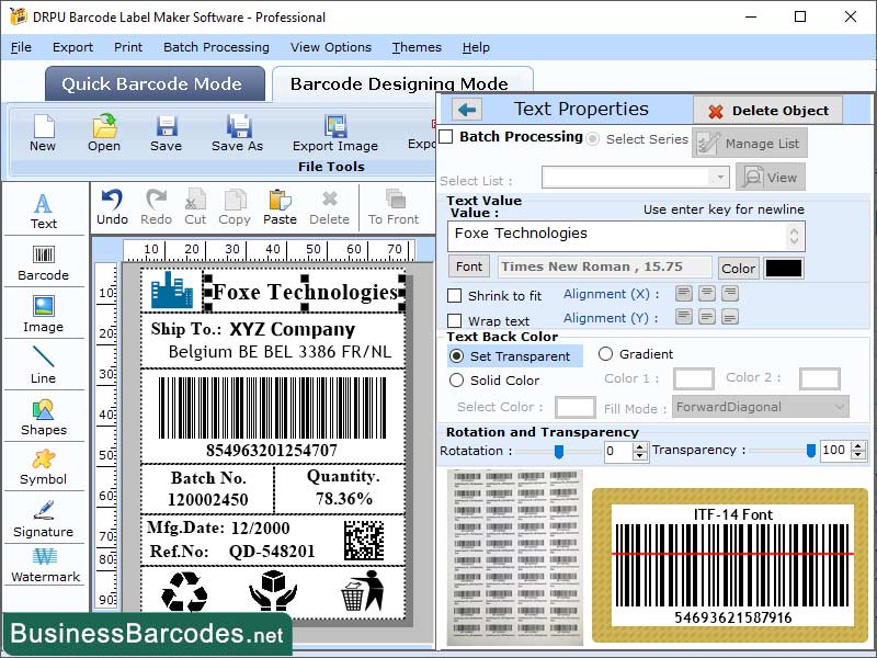 Screenshot of ITF-14 Barcode Designing Software