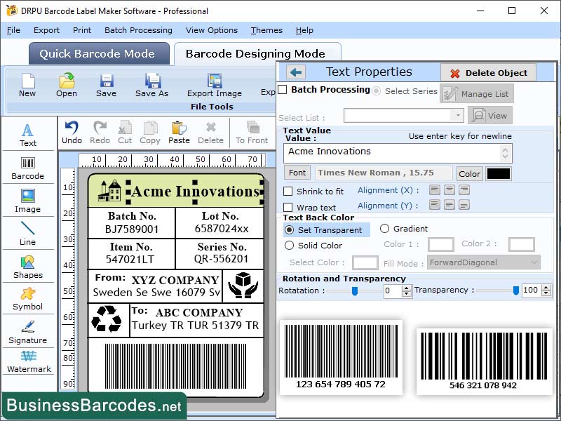 Screenshot of Linear Barcode Software
