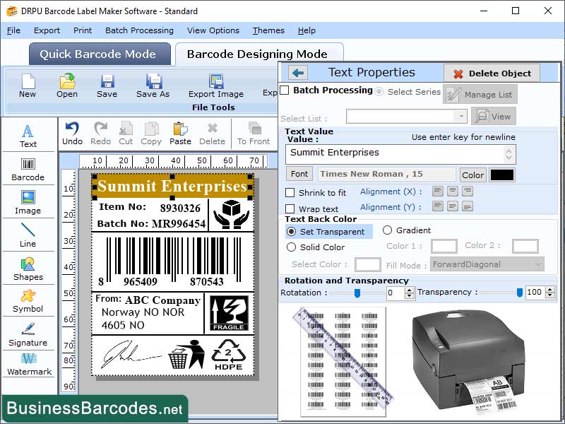 Screenshot of Integrate Barcode Printing App