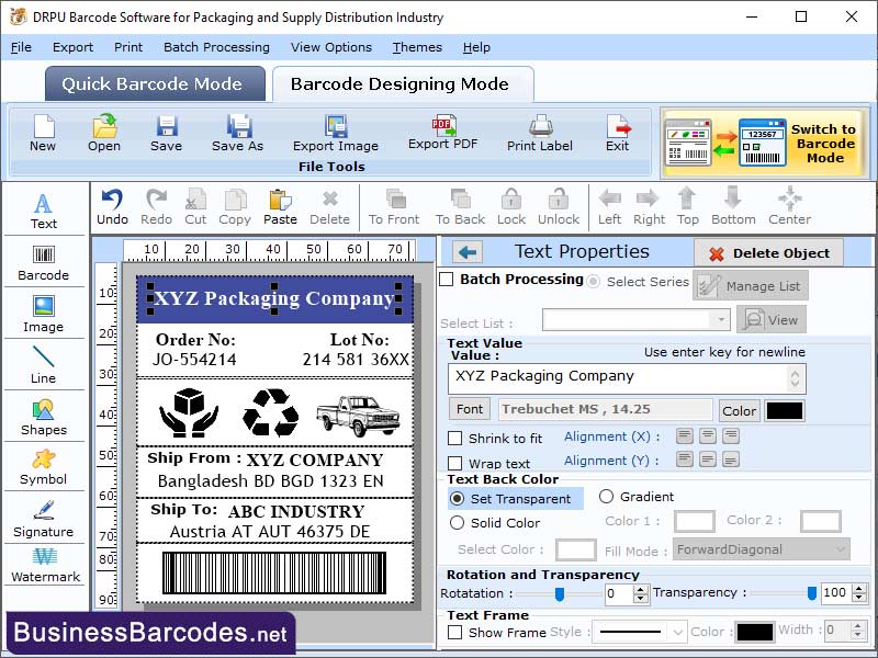 Screenshot of Distribution Barcode Label Application