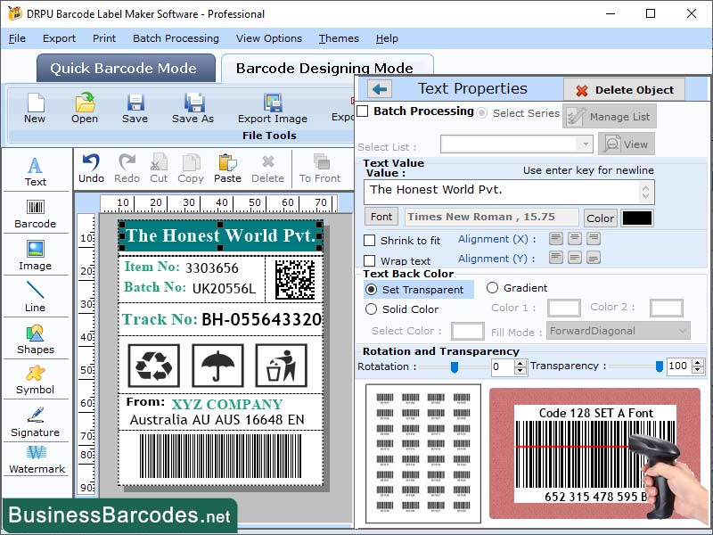 Screenshot of Download Code 128 SET A Barcode Maker