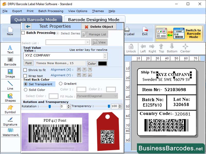 Screenshot of PDF417 Barcode Tracking Data 9.7.1.4