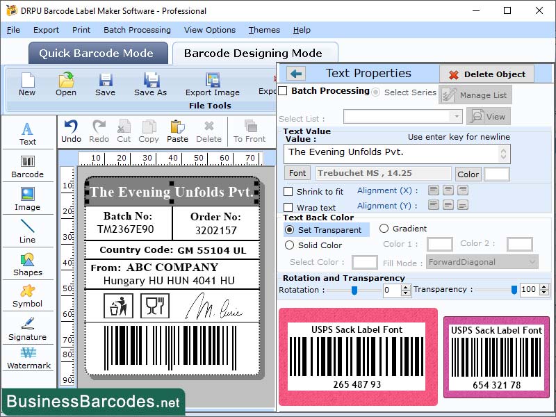 Screenshot of USPS Sack Label Barcode Software