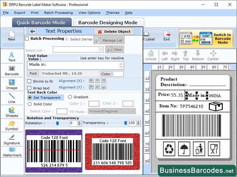 Screenshot of Code 128 Barcode Software