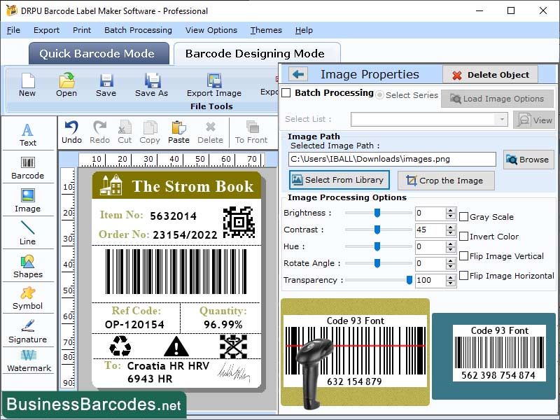 Screenshot of Generate Code 93 Barcode Tool