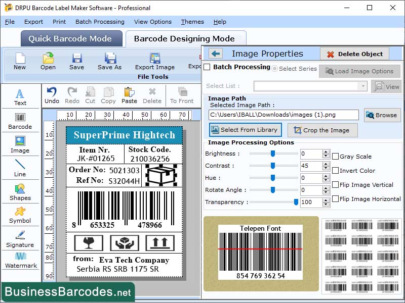Screenshot of Telepen Barcode Generator Software