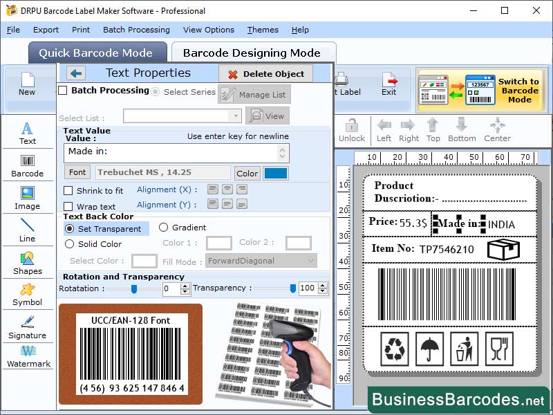 Screenshot of EAN-128 Barcode Generator Program