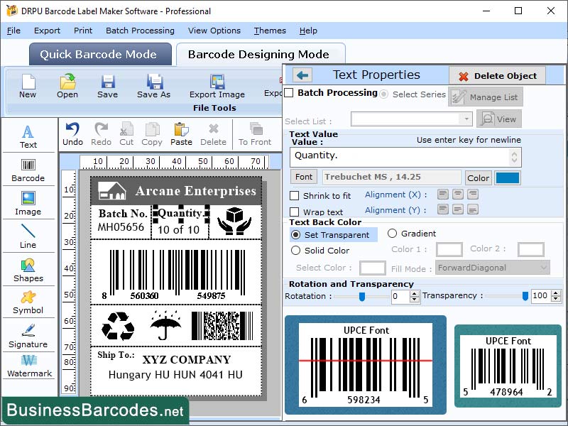 Screenshot of Printing UPCE Barcode Designing Software
