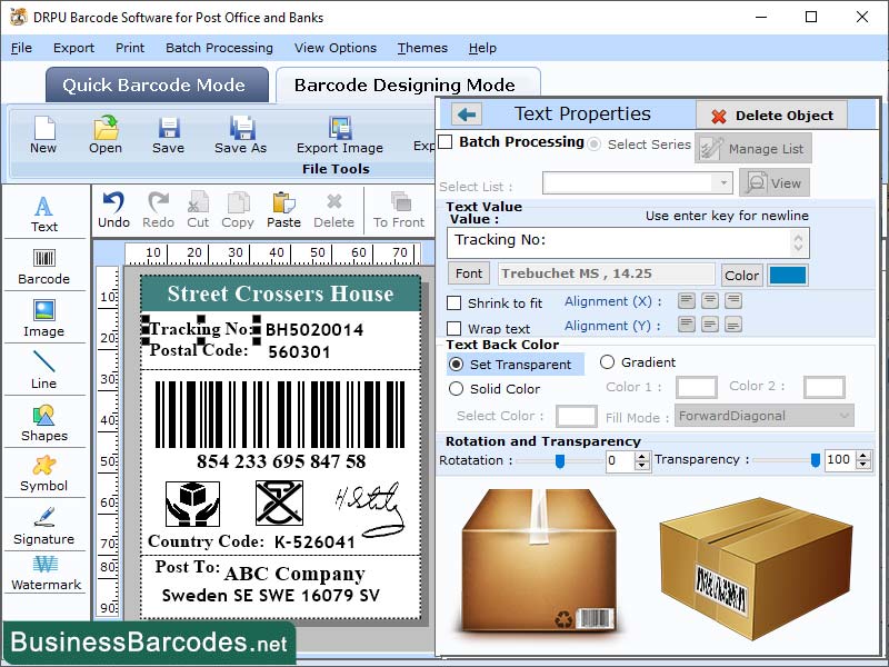 Screenshot of Postal Barcode Label Maker