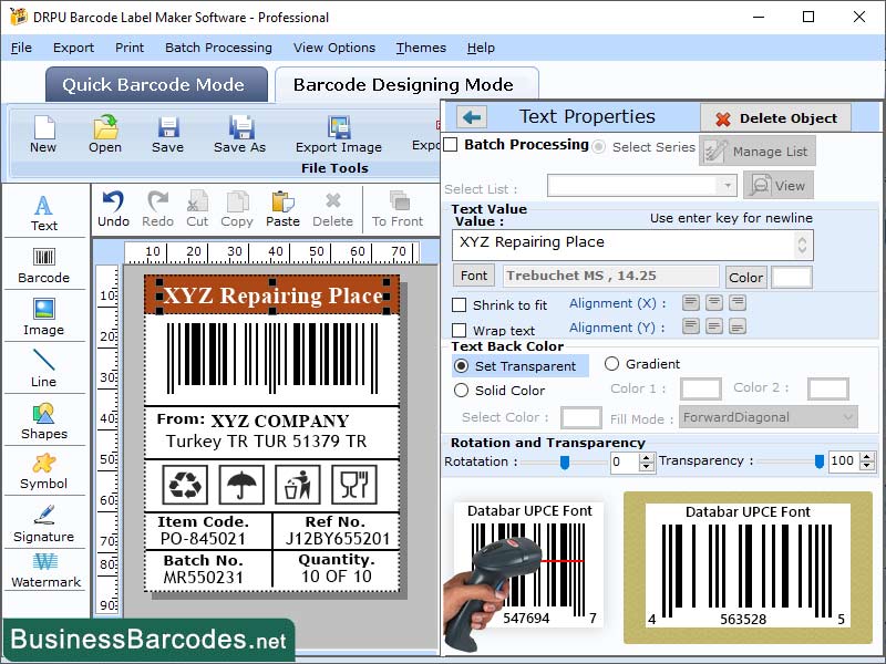 Screenshot of Printing Databar UPCE Barcode