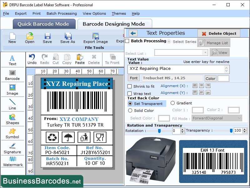Screenshot of Barcode Label Customization Tool 15.18
