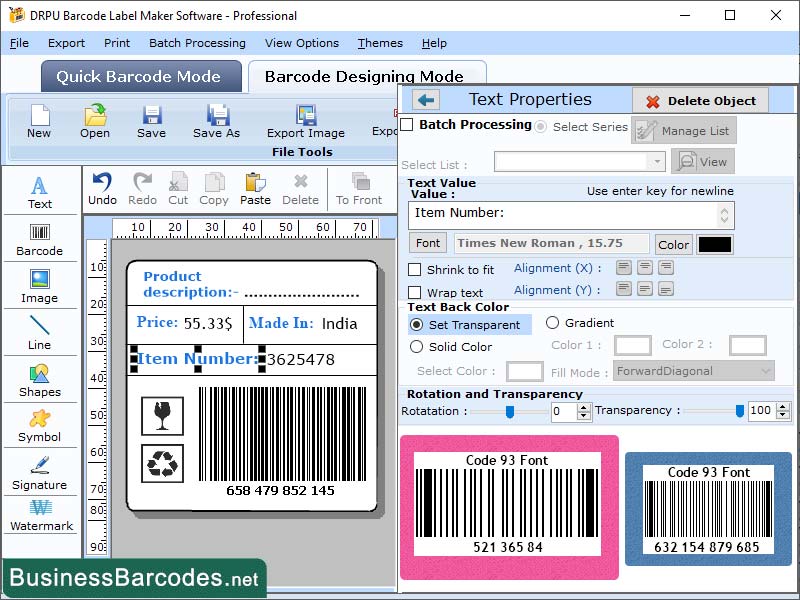 Screenshot of Code 93 Barcode Application