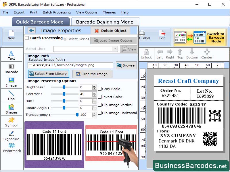 Screenshot of Code 11 Barcode Application