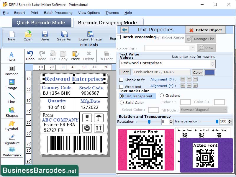 Screenshot of Aztec Barcode Printing Program