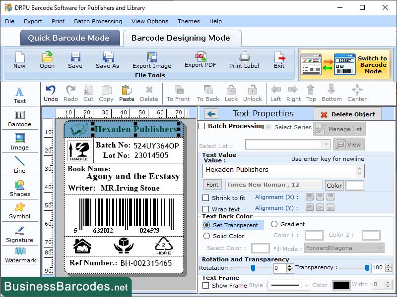 Screenshot of Library Publishing Barcode Software