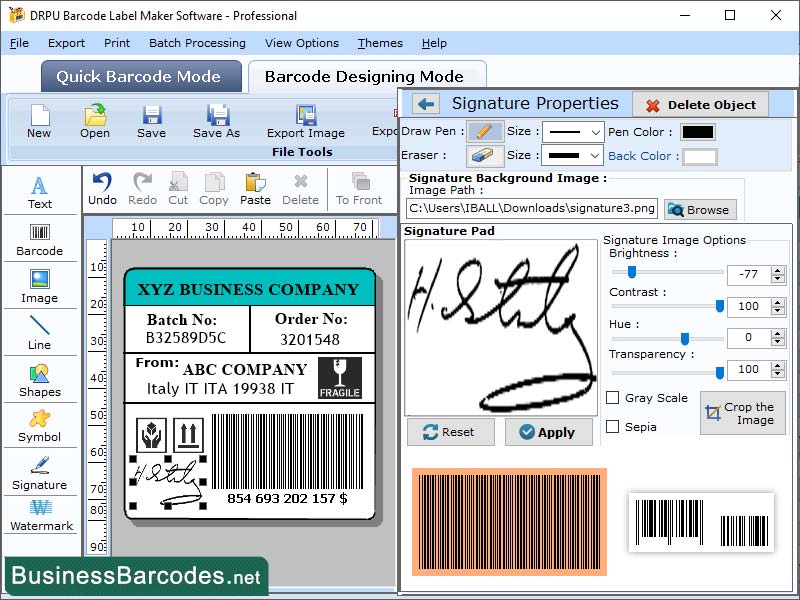 Screenshot of Professional Barcodes Application