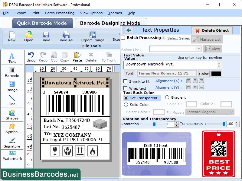 Screenshot of Readable ISBN-13 Barcode Printing App 15.3