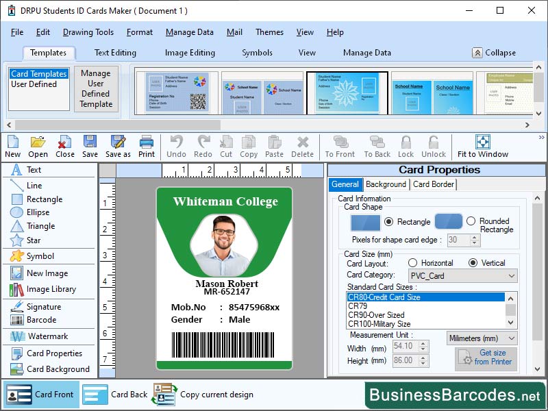 Screenshot of Customizable Student ID Card Software