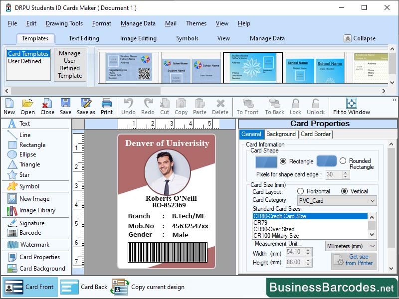Screenshot of Student ID Card Design and Layout