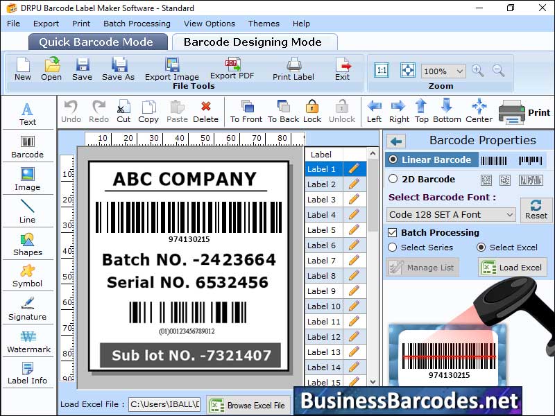Screenshot of Scan Code 128 SET A Barcode