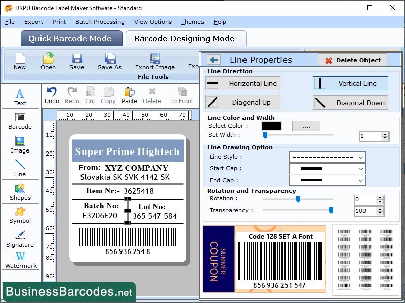 Screenshot of Databar Code 128 SetA Barcode Tool