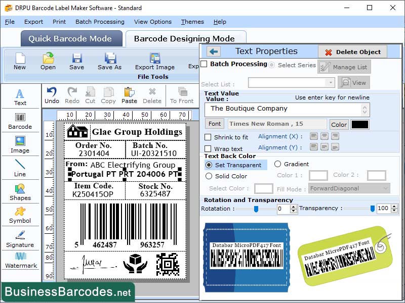 Screenshot of MicroPDF417 Data Generator