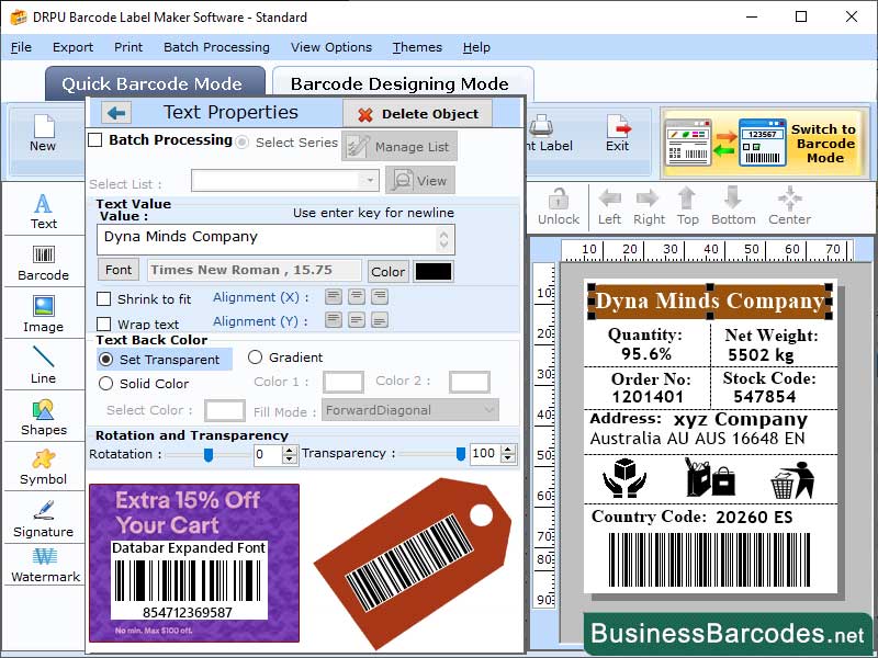Screenshot of Professional Databar Expanded Barcode
