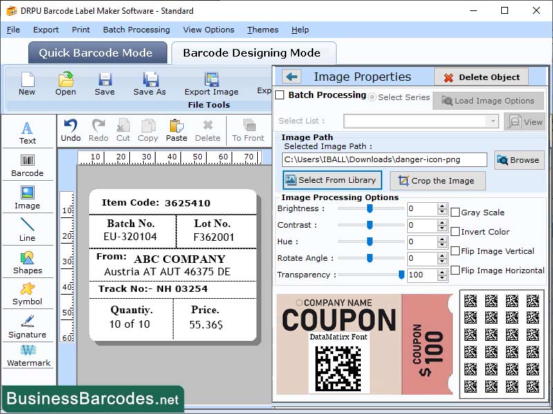 Screenshot of Handled Data Matrix Barcode Tool