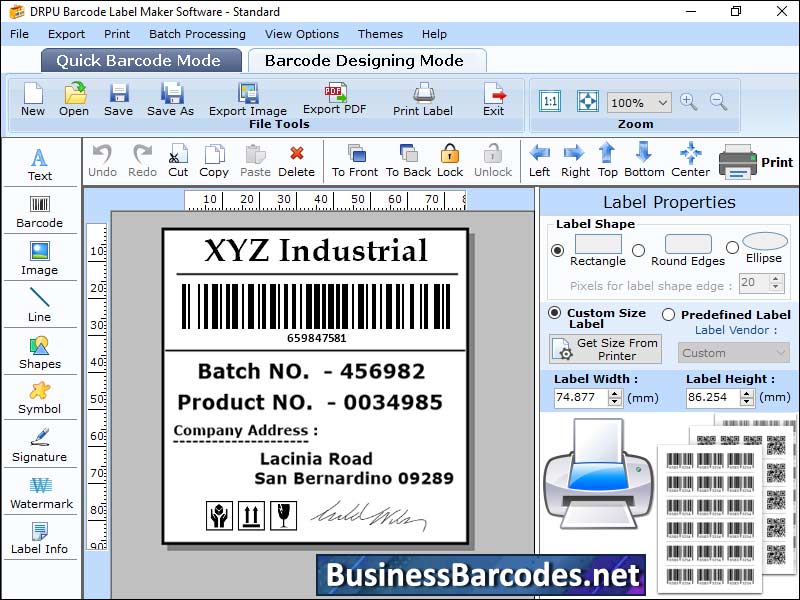 Screenshot of Integrated Barcode Label Maker Tool