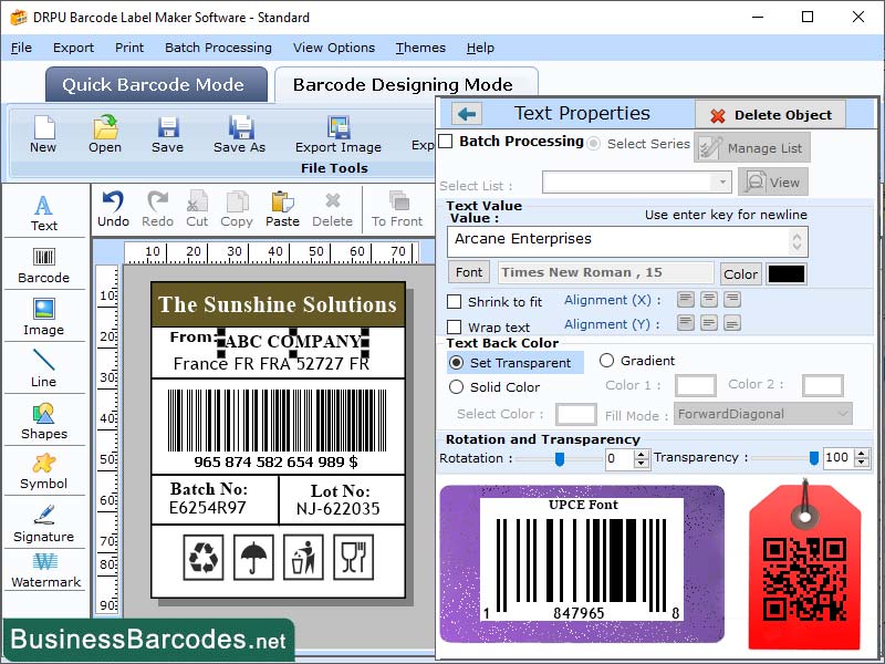 Screenshot of UPCA Label Barcode Software