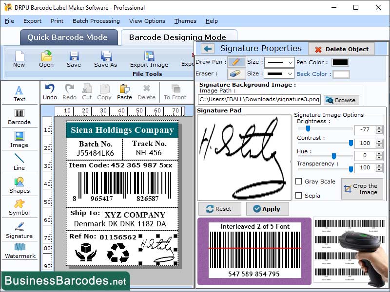 Screenshot of Generate Interleaved 2 of 5 Barcode