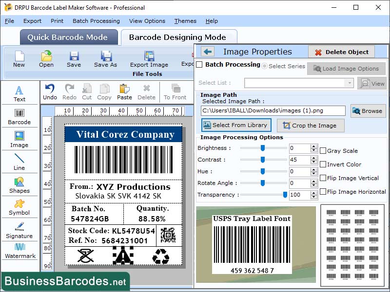 Screenshot of USPS Tray Label Barcode Application