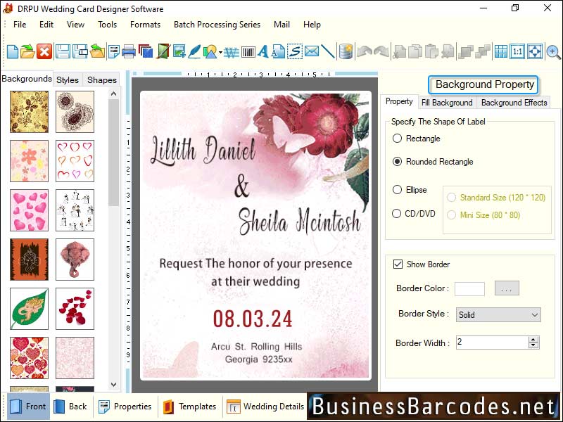 Screenshot of Customizable Wedding Card Program